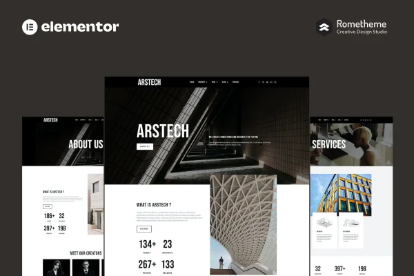 Arstech architecture Elementor template kit preview showing a modern portfolio website layout