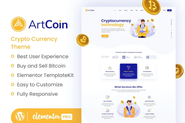 ArtCoin Bitcoin and cryptocurrency Elementor template kit preview