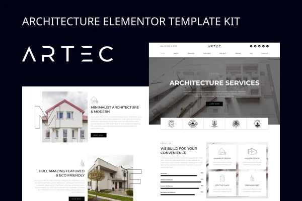 Artec architecture Elementor template kit preview showing modern page layouts