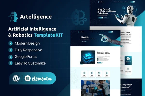 Artelligence AI and robotics Elementor template kit cover with futuristic page previews