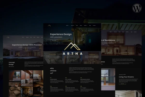 Artha Interactive Interior WordPress Theme preview with full-screen interior design layout