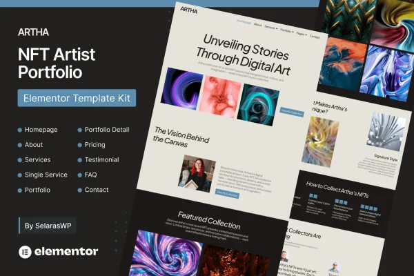 Artha NFT artist portfolio Elementor Pro template kit cover image