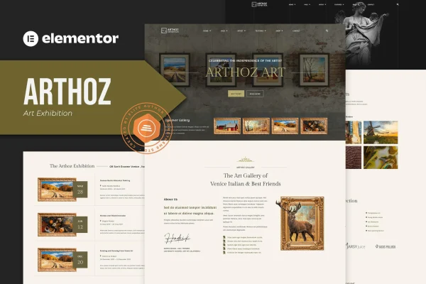 Arthoz art exhibition Elementor template kit preview showing gallery website pages