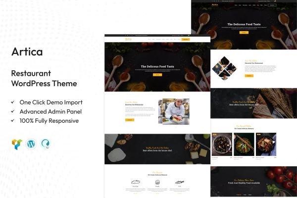 Artica restaurant WordPress theme preview with menu and dining photos