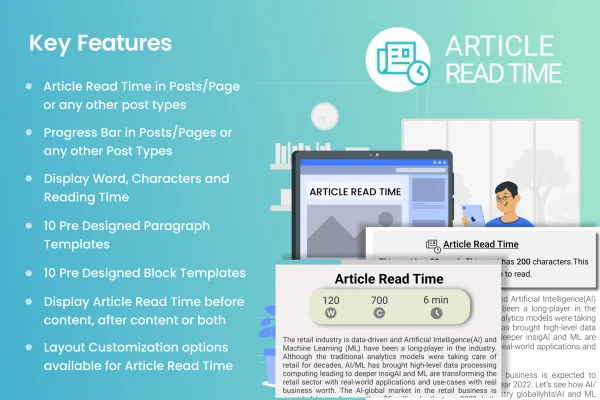 Article Read Time plugin banner showing a reading time label and scroll progress bar