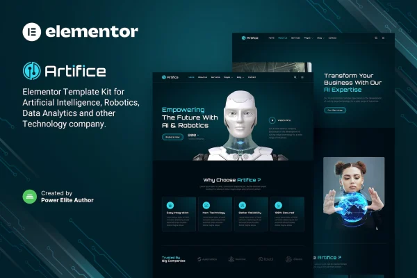 Artifice AI and Robotics Elementor template kit cover showing tech website page designs