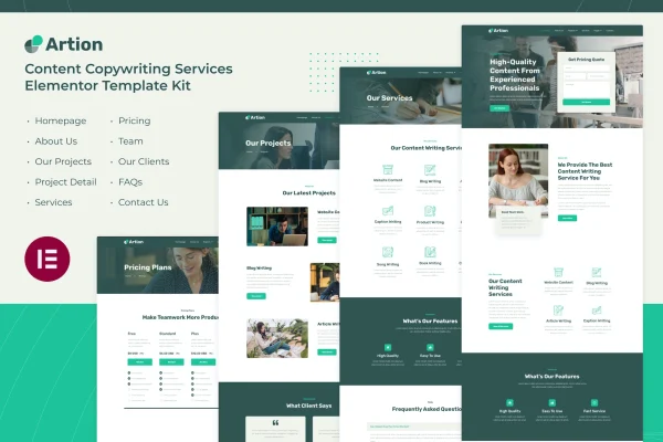 Artion copywriting services Elementor template kit preview showing page layouts