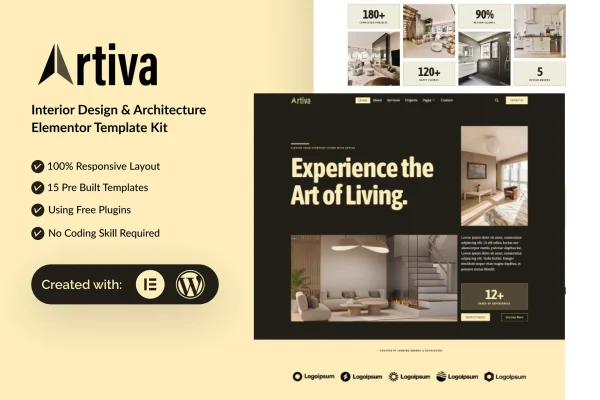 Artiva interior design and architecture Elementor template kit preview