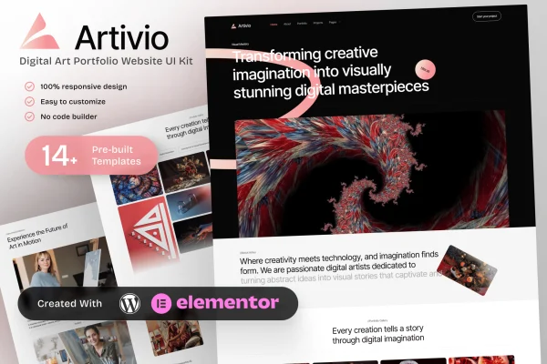 Artivio digital art portfolio Elementor template kit preview