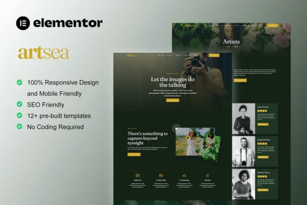 Artsea photography and art gallery Elementor template kit preview
