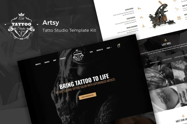 Artsy tattoo studio Elementor template kit preview with portfolio gallery pages