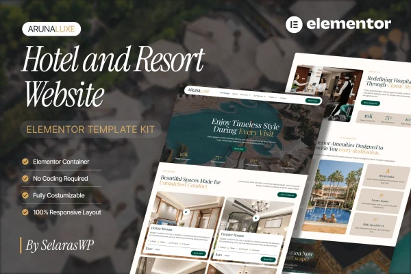 ArunaLuxe hotel and resort Elementor template kit cover image