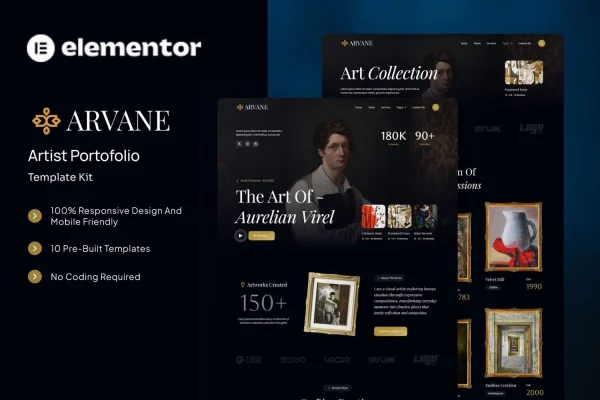 Arvane artist portfolio Elementor template kit preview