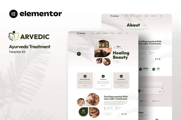 Arvedic beauty treatment Elementor template kit cover showing spa website page designs