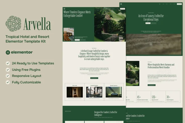 Arvella tropical hotel and resort Elementor template kit preview