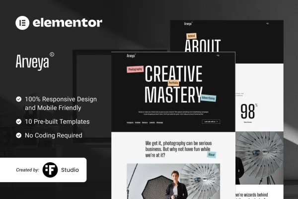 Arveya commercial and advertising photography portfolio Elementor kit preview