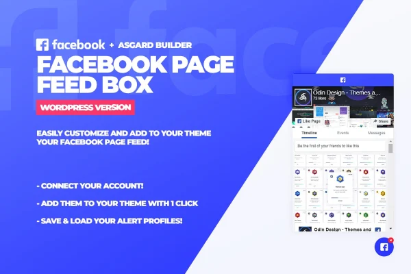 Asgard Facebook Alerts Builder plugin banner showing a floating Facebook page feed box