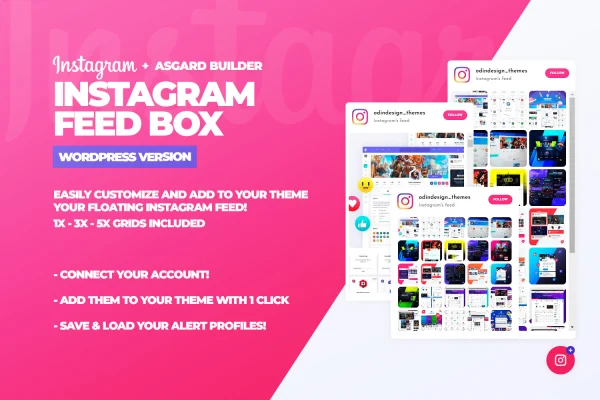 Asgard Instagram Alerts Builder plugin banner showing an Instagram photo feed box