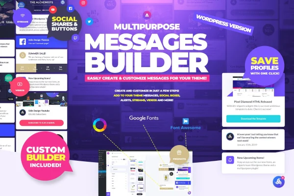 Asgard Messages Builder plugin banner showing message and social share boxes