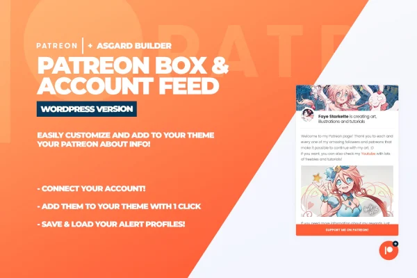 Asgard Patreon Alerts Builder plugin banner with floating Patreon box