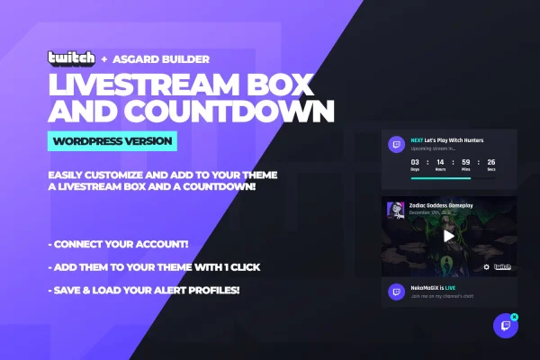 Asgard Twitch Alerts Builder plugin banner with Twitch livestream box and countdown