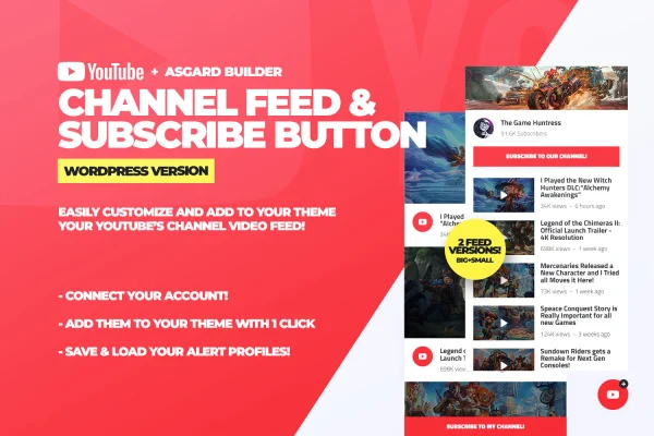 Asgard Youtube Alerts Builder plugin banner with YouTube video feed and subscribe box