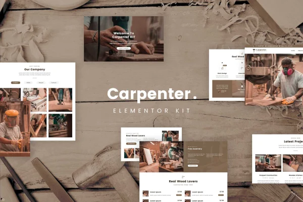 Ash carpenter Elementor template kit cover showing woodworking website page designs