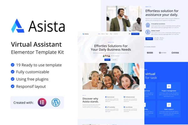 Asista virtual assistant Elementor template kit cover image