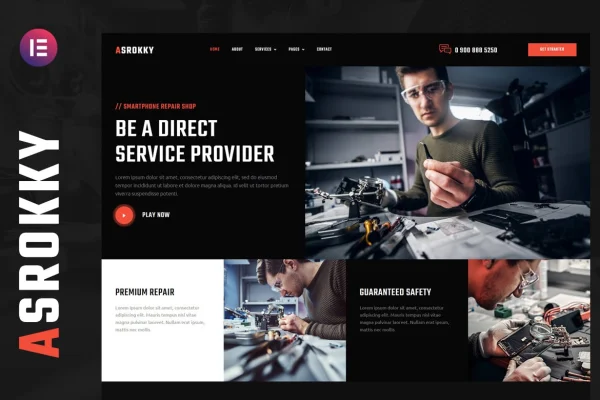 Asrokky smartphone repair shop Elementor template kit preview