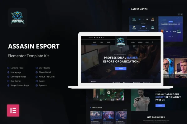 Assasin eSport and Gaming Elementor template kit cover showing gaming website page layouts