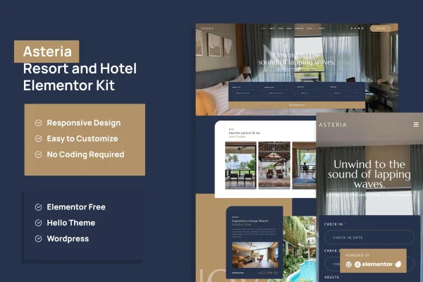 Asteria resort and hotel Elementor template kit preview