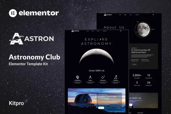 Astron astronomy Elementor template kit cover with space-themed page layouts