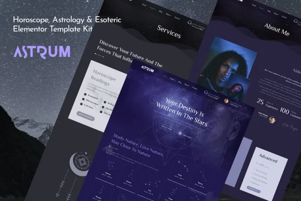 Astrum astrology and horoscope Elementor template kit cover with cosmic and zodiac design