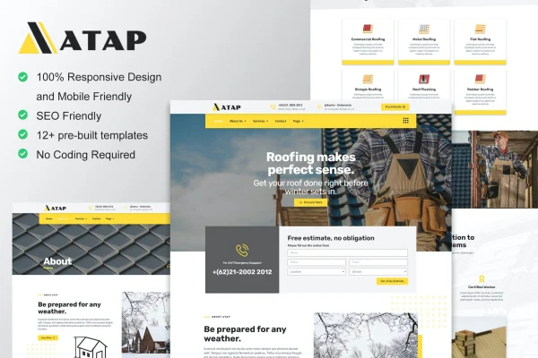 Atap roofing and construction Elementor template kit preview