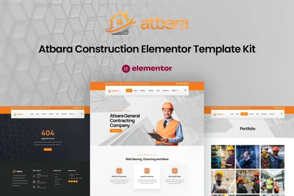 Atbara construction Elementor template kit preview showing website page layouts