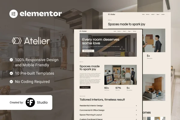 Atelier interior design Elementor template kit preview with portfolio and service page layouts
