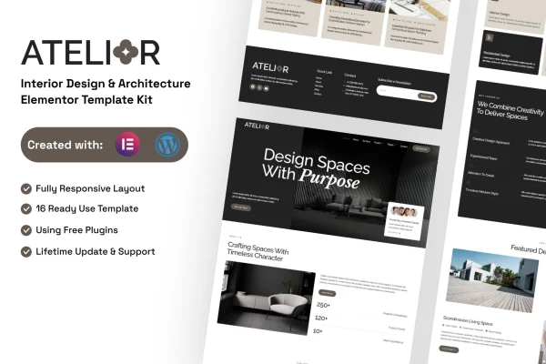 Atelior interior design and architecture Elementor template kit preview