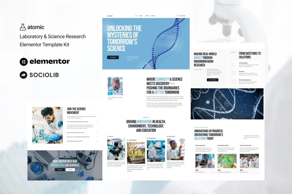 Atomic laboratory and science research Elementor template kit preview