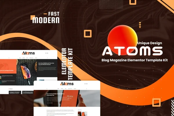 Atoms blog and magazine Elementor template kit cover showing homepage layouts