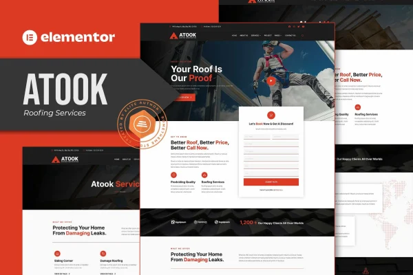 Atook roofing services Elementor template kit preview showing website page layouts