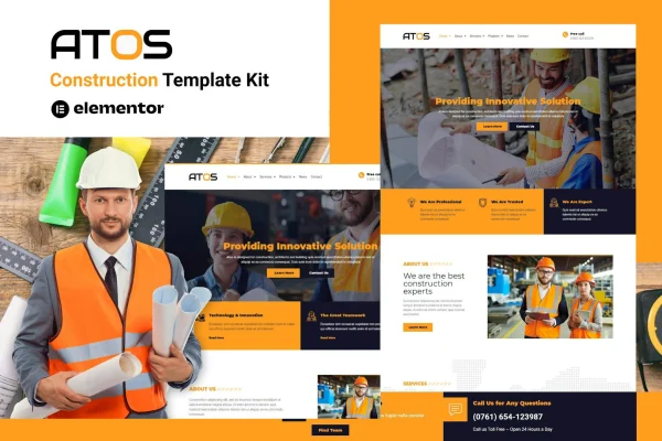 Atos construction Elementor template kit preview showing website page layouts