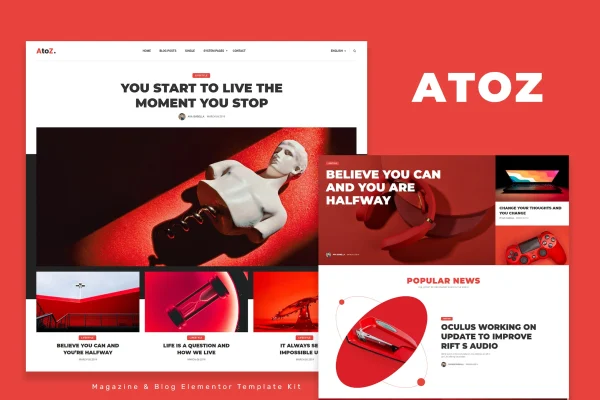 AtoZ blog and magazine Elementor template kit cover showing page layouts