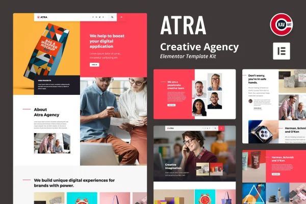 Atra creative agency Elementor template kit preview showing minimal page layouts