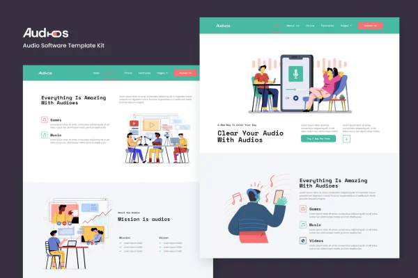 Audios app showcase Elementor template kit preview