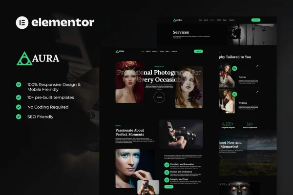 Aura photography and portfolio Elementor template kit cover image