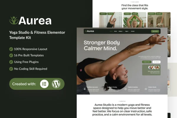 Aurea yoga studio and fitness Elementor template kit preview