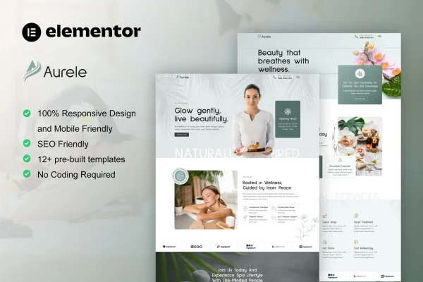 Aurele spa and healing treatments Elementor Pro template kit preview