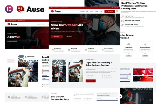 Ausa car detailing Elementor template kit cover showing website page designs