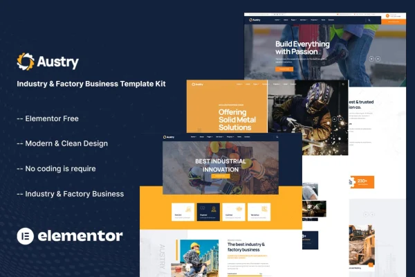 Austry Elementor template kit cover showing industrial and factory website page layouts