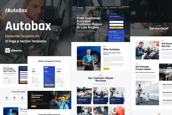 Autobax car body repair shop Elementor template kit preview